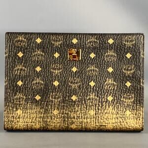 MCM Brown Gold Monogram Coated Canvas Pouch Handbag